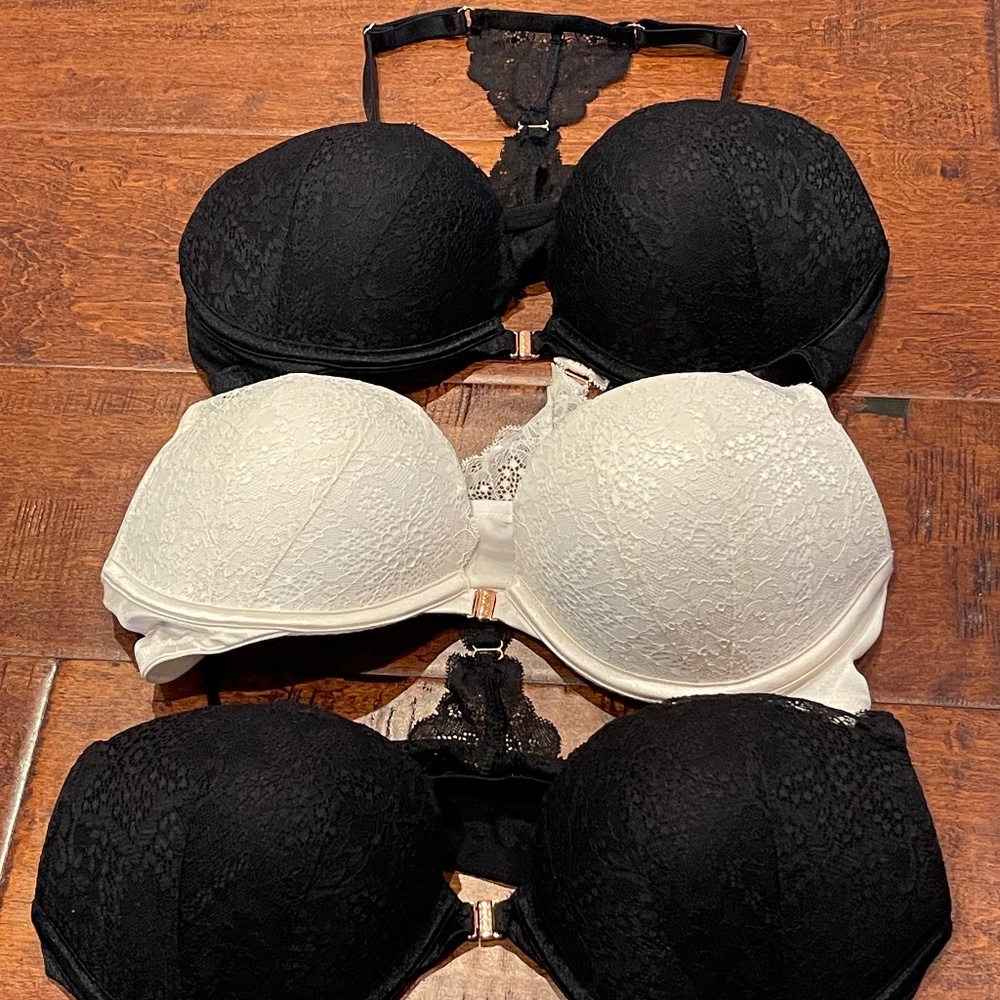 3 NWOT Black White Victoria’s  Secret Pink size 36C lace racerback bras